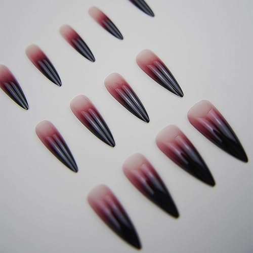 MISUD Long Stiletto Fake Nails with Goth Red Black Ombre - 24 pcs with Nail Glue - Variation 10512Red&Black