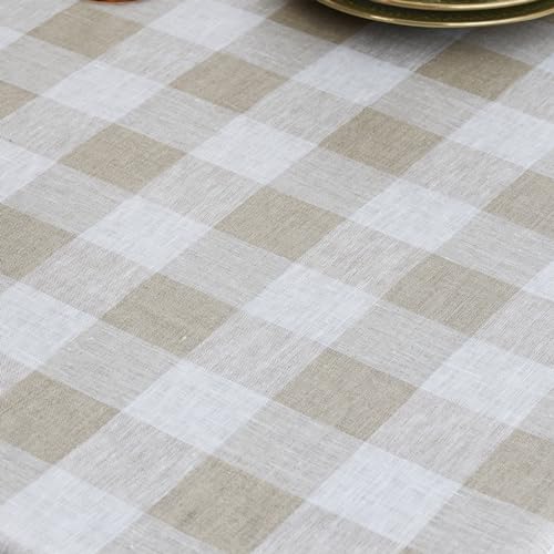 Solino Home Linen Tablecloth 60 x 144 in Natural White Check - Handcrafted