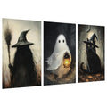 Halloween Wall Art Canvas Set - 3 Large Spooky Witch Ghost Black Cat Posters