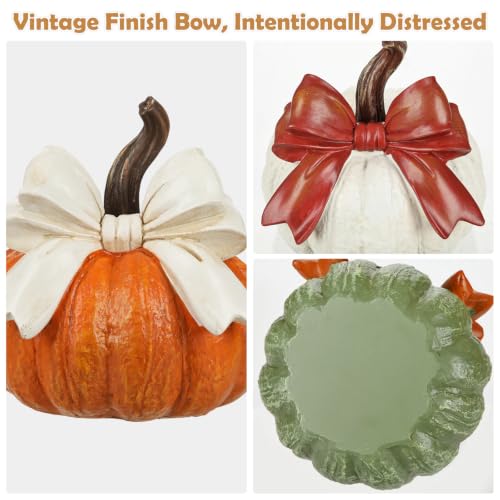 Fall Pumpkin Decor Set of 3 with Bows - Artificial Resin Rustic Autumn Decorations - White, Orange, Green