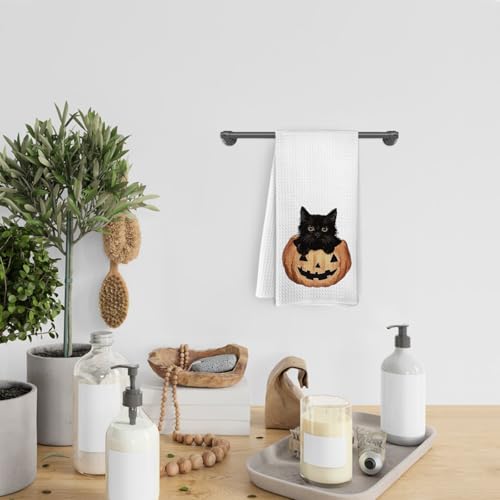 Halloween Black Cat Kitchen Towels - Gothic Fall Spooky Pumpkin Decor - 16x24 Inches - Black Cat Variation