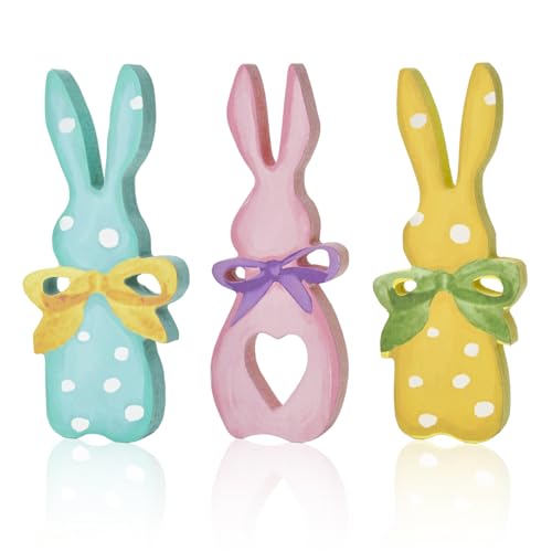 Wooden Easter Bunny Decor Set - Pastel Polka Dot Spring Holiday Ornament