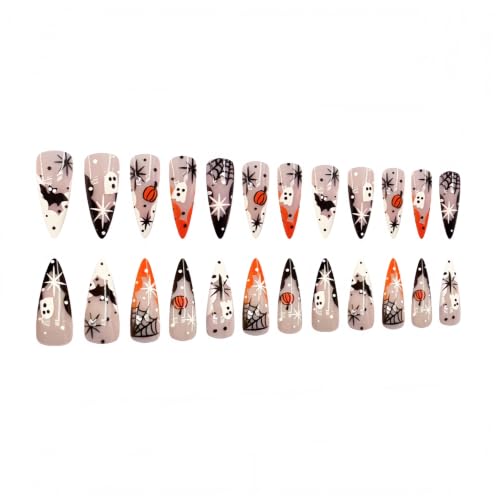 Halloween Press On Nails - Orange Pumpkin Design with Ghost, Bat & Full Cover Glue On Nails - 24Pcs