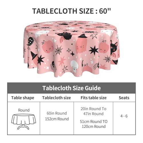Pink Halloween Round Tablecloth 60 Inch Ghost Pumpkin Decoration, Washable & Wrinkle-Resistant