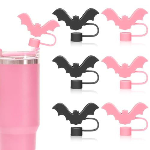 Halloween Bat Silicone Straw Covers - Pink & Black Reusable Tips for 0.4in Straws - Bat Variation