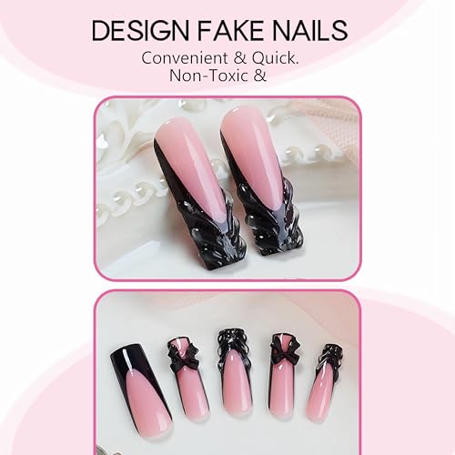 BABALAL ANV05 Long Square Fake Nails Black Goth French Tip 3D Texture Set - Bow Charm 24Pcs