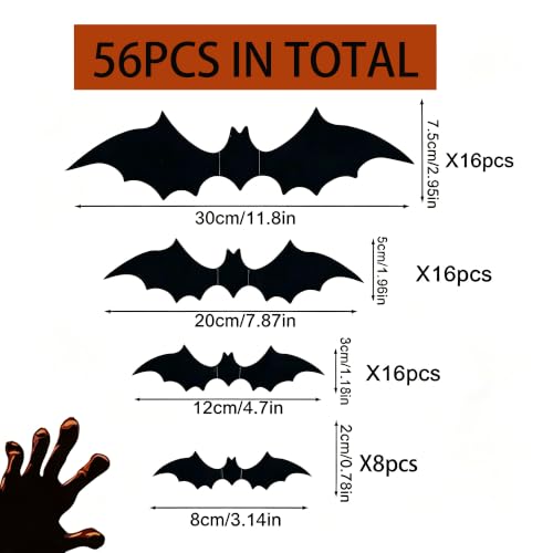 Halloween Bat Wall Decor Stickers - 56 Black 3D Flying Bats for Party & Home