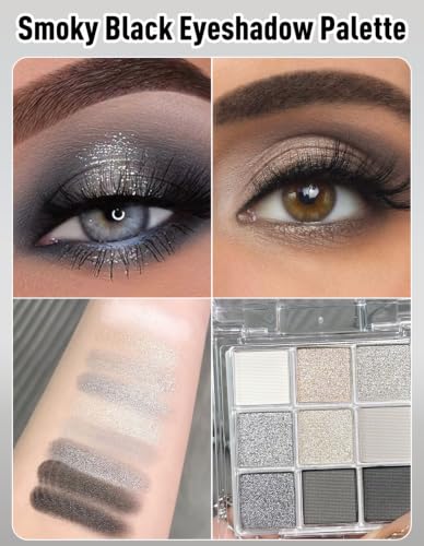 Grey Black Smoky Eyeshadow Palette - 9 Color Matte Shimmer Glitter Makeup Set with Brush