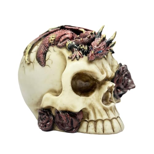 Gothic Red Dragon Skull Figurine with Roses - Fantasy Mythical Decor Statue