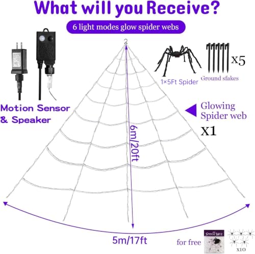 Giant 20x17 ft Halloween Spider Web with 5 ft Black Spider, Motion Sensor Lights