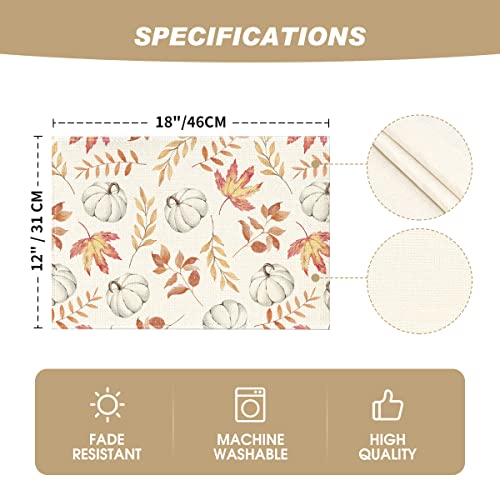 Maple Leaf Pumpkins Fall Placemats Set of 4 - 12 x 18 Inch Beige & Orange