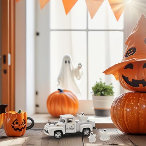 Farmhouse Halloween Truck Decor with Ghost Figurines - White, Indoor Use