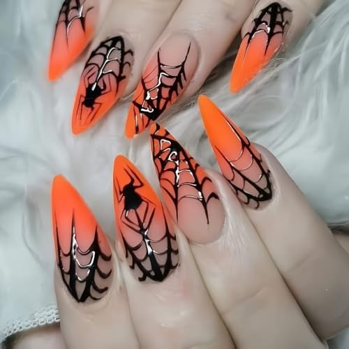 Halloween Cobweb Press-On Nails - Medium Length Almond Fake Nails Style 13, 24Pcs