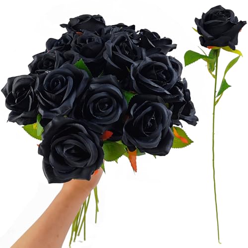 Artificial Black Rose Flowers - 13 Pack, 21 Inch Long Stem Silk Roses for Wedding, Halloween, Party & Home Decor