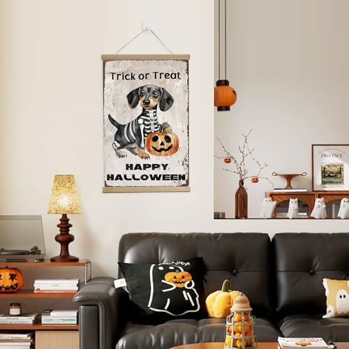 Halloween Trick or Treat Dachshund and Pumpkin Yard Sign - Vintage Wall Art Prints 12x16