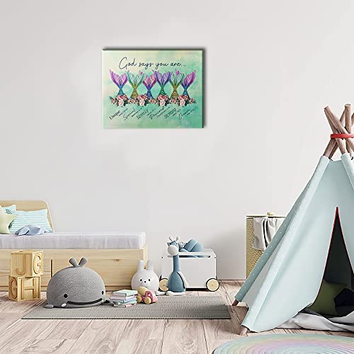 Colorful Mermaid Tail Wall Art - Girls Room Decor Canvas Print 16x12 with Frame