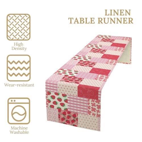 Pink Strawberry Patchwork Table Runner 13x108in for Indoor Outdoor Dining - Farmhouse Decor Variation of Pinkwhite-Fruit