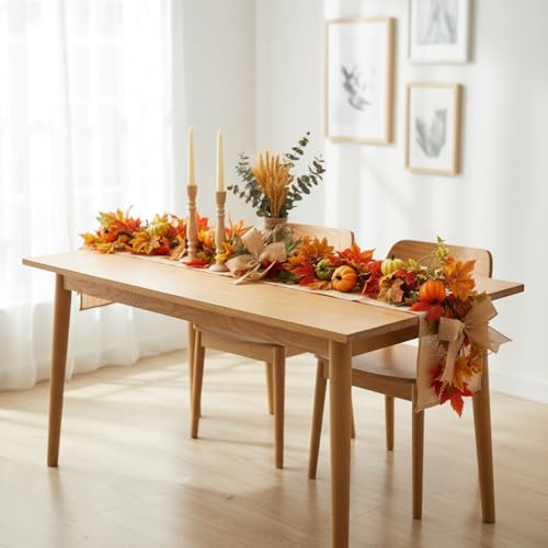 Fall Garland with Maple Leaves Pumpkins Burlap Bows Berries 6FT