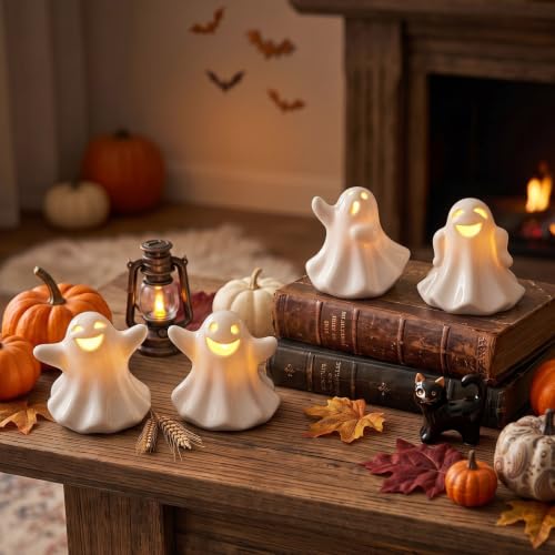 4 Pack Light Up Ceramic Ghost Halloween Decorations - Festive & Modern Decor