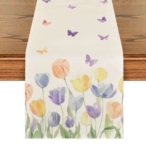 Watercolour Tulip Butterfly Table Runner 13 x 108 Inch Beige Spring Table Decor