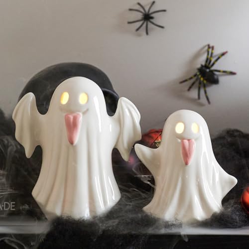 Halloween Ghost Figurines Set - Light Up Ceramic Ghost Decor, Pink & White Variation