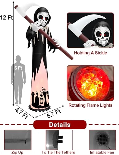 12FT Tall Halloween Inflatable Grim Reaper with Rotating Flame Lights Outdoor Decor