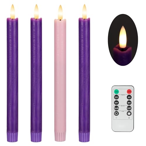 Flameless Taper Candles with Remote - Real Wax Advent Candles Set - Purple & Pink