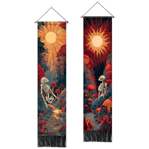 Skeleton Sun Vertical Tapestry Wall Hanging with Tassels - 13x51.1 Inch Long Wall Art for Bedroom, Living Room, Dorm - Variation: Skeleton Sun