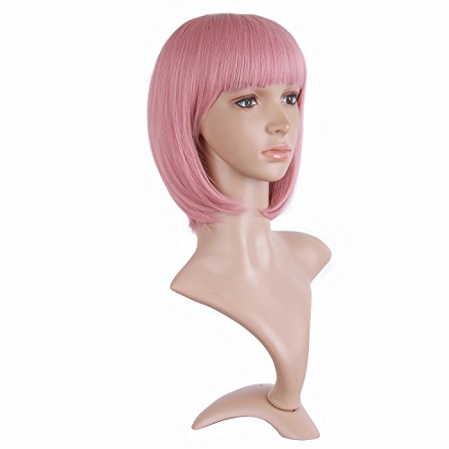 12 Inch Lady Short Straight Flat Bangs Bob Wig - Rouge Pink