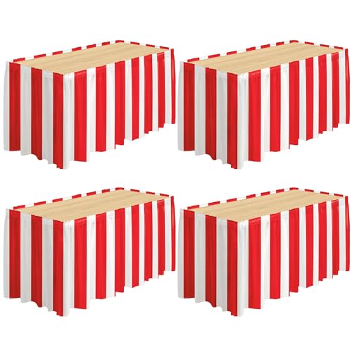 4 Pack Red and White Striped Carnival Table Skirts 14ft x 30in for Party Decorations - Variation of 4