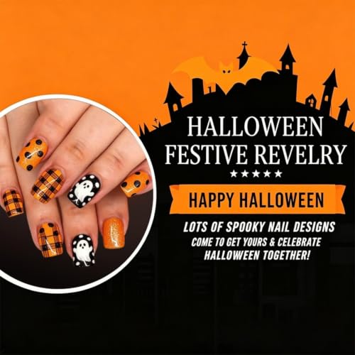 Halloween Short Square Press-On Nails with Orange Plaid & Ghost Design - Variation Hall16