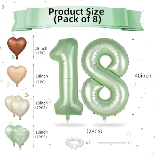 Sage Green 18th Birthday Balloons Set - Foil Number 18 & Heart Decorations