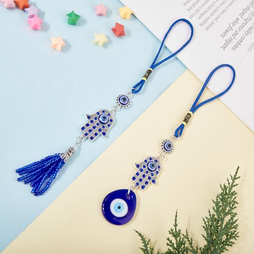 Blue Evil Eye & Hamsa Hand Car Pendant Set - Beaded Rearview Mirror Ornaments for Car & Home Decor