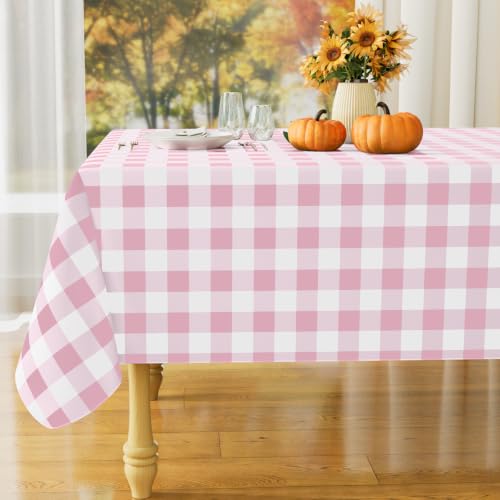 Pink and White Waterproof Vinyl Tablecloth - 102 x 60 Inches, Flannel Backed, Rectangular