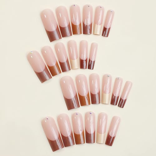 MISUD Fall Brown Long Square Press-On Nails with French Tip & 3D Diamond - 24 pcs - Variation 099A23Brown
