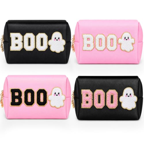 Halloween Makeup Bag Set - Black & Pink Cosmetic Pouches with Chenille BOO & Ghost Patches