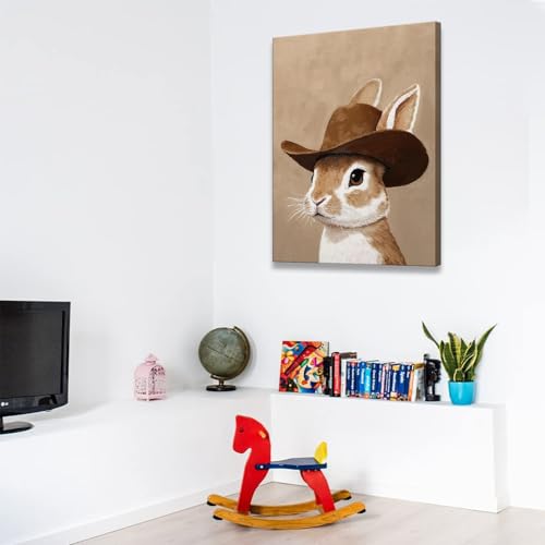 Cowboy Bunny Canvas Wall Art - Neutral Western Nursery Decor, 24x16 inches