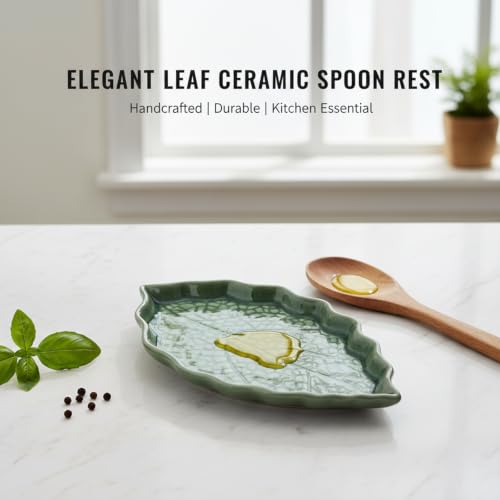 Green Leaf Ceramic Spoon Rest with Ice Crackle Pattern - Kitchen Counter Decor, 1 Piece