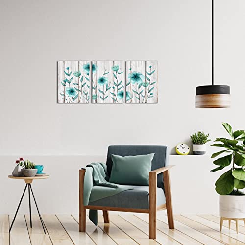3 Piece Floral Canvas Wall Art Set - Teal Blue Flower Prints for Bedroom & Home Decor