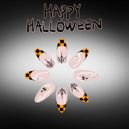 Halloween Almond Press-On Nails G8 - Medium Nude Fake Nails with Ghost Skull & Web Design