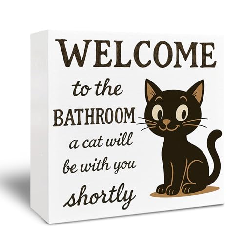 Cat Wooden Sign - Funny Bathroom Decor, Cat Lover Gift, 5x5 Inch
