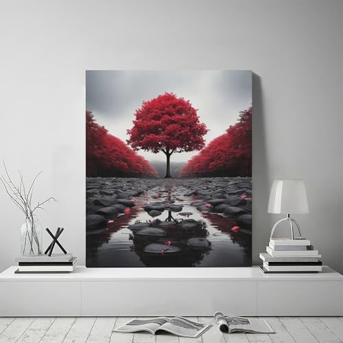 Red Tree Wall Art Canvas Print - Zen Stone River Landscape, Framed, 24x20 Inches - Black and White