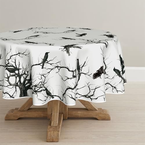 Halloween Tablecloth 90x90 Inch Round Crow Tree Decor - Black