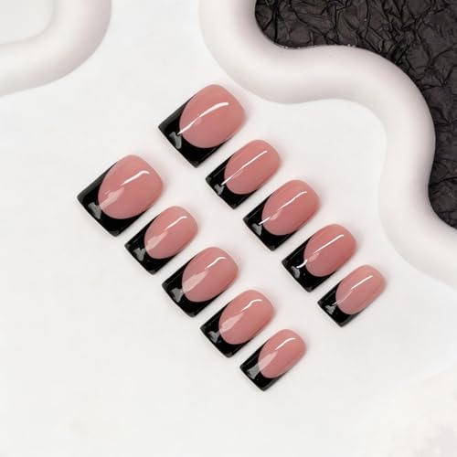 Press On Nails Black French Tip Fake Nails Short Square M / A 2626