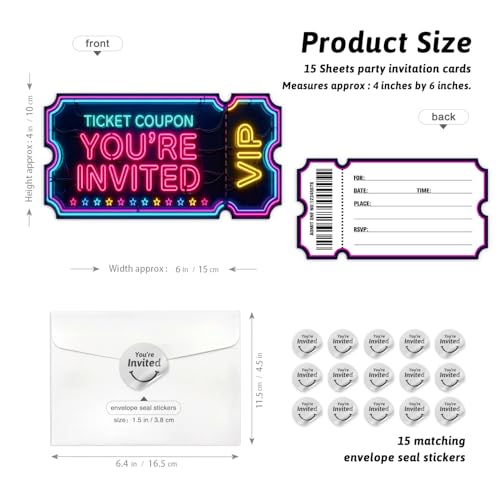 Purple Neon VIP Birthday Party Invitations Set - 15 Double-Sided Cards & Envelopes