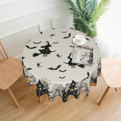 Halloween Round Tablecloth 60 Inch Witch Spiderweb Pumpkin Design Water-Resistant Decor