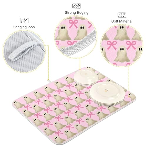 Pink Halloween Ghost Bow Dish Drying Mat - 18x24 Reusable Microfiber Kitchen Countertop