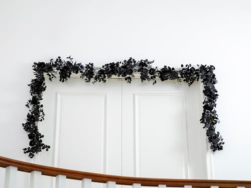 Black Halloween Garland with 10 Roses Berries & Eucalyptus Leaves - 6ft, Variation: Black