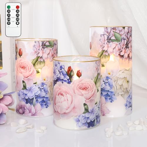 Hydrangea Rose Flameless Candles with Remote & Timer - Real Wax Glass Set of 3