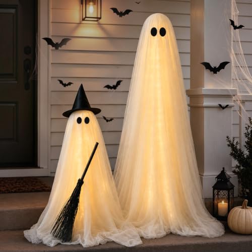 Large Ghost Halloween Outdoor Decoration with Light-Up Spooky Broom - 2 Pack
